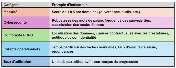 Tableau des catégories d'indicateurs d'un diagnostic numérique